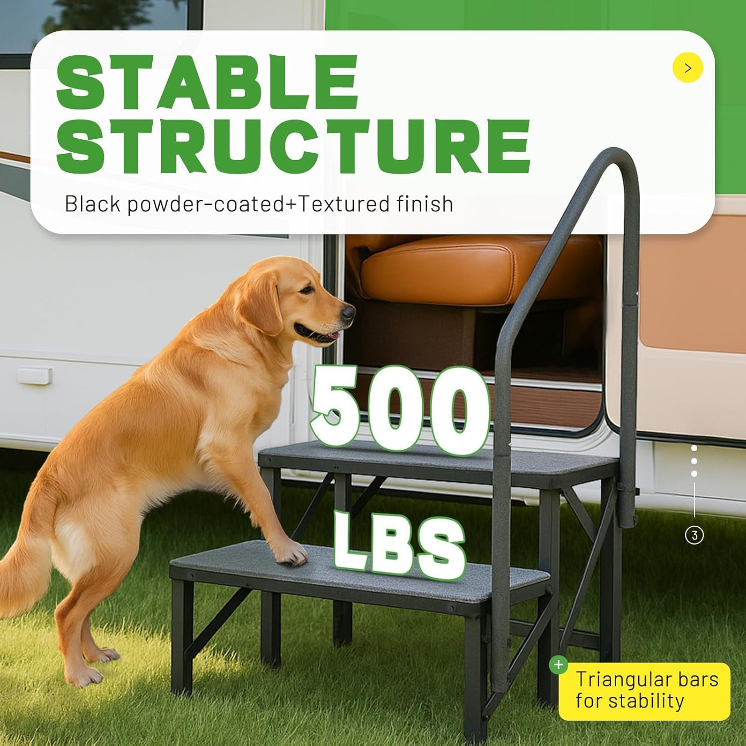 RV Stairs 2 Steps with Handrail Hot Tub Outdoor Stairs with Mats, Portable RV Steps for Camper Travel Trailers, Steel Travel Trailers Ladder Powder Coated+Textured