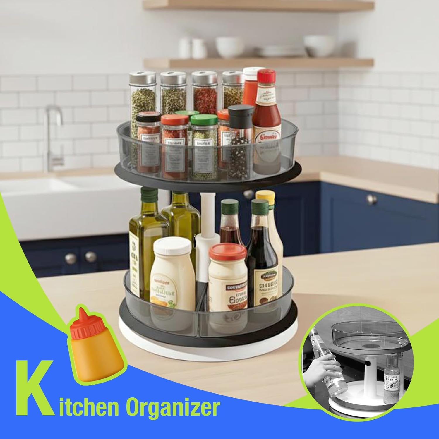 2 Tier Lazy Susan Turntable Organizer for Medicine Cabinet Bottle Pantry Countertop with Clear Large Spice Rack 11 Inch Grey