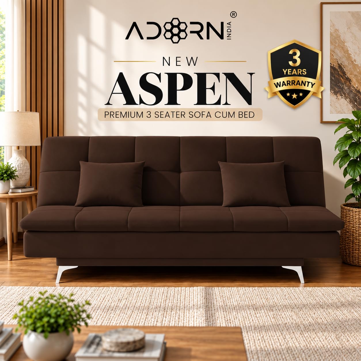 Adorn India Premium New Aspen 3 Seater Sofa Cum Bed 4×6 | Velvet Suede Fabric | Convertible Sofa Bed for Living Room | 2 Cushions | Color Brown | 3 Years Warranty