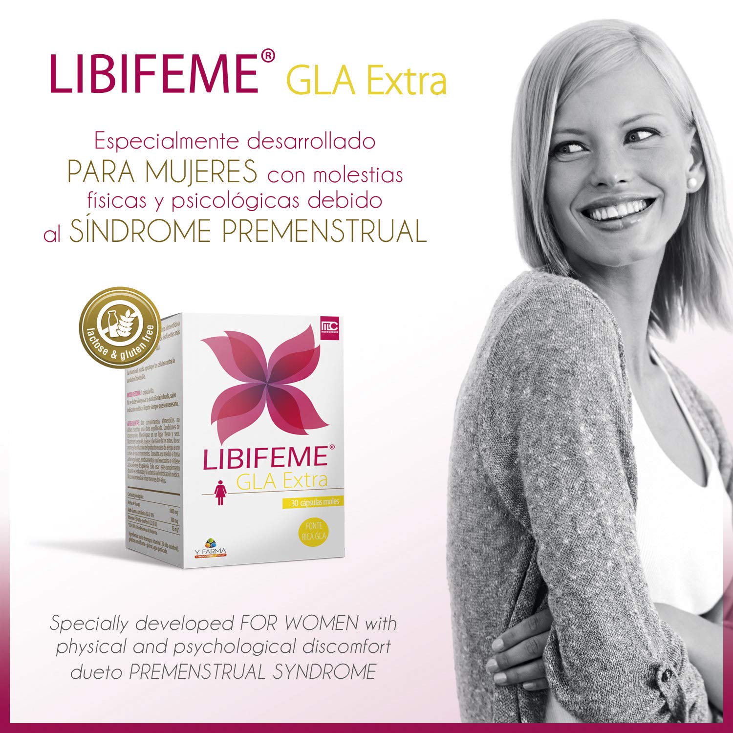 Libifeme Gla Extra - Reduce los Sintomas del Sindrome Premenstrual - Calambres Abdominales Dolor de Cabeza Tensión en Senos Ansiedad e Irritabilidad - Aceite de y Vitamina E, Onagra, 30 Pastillas