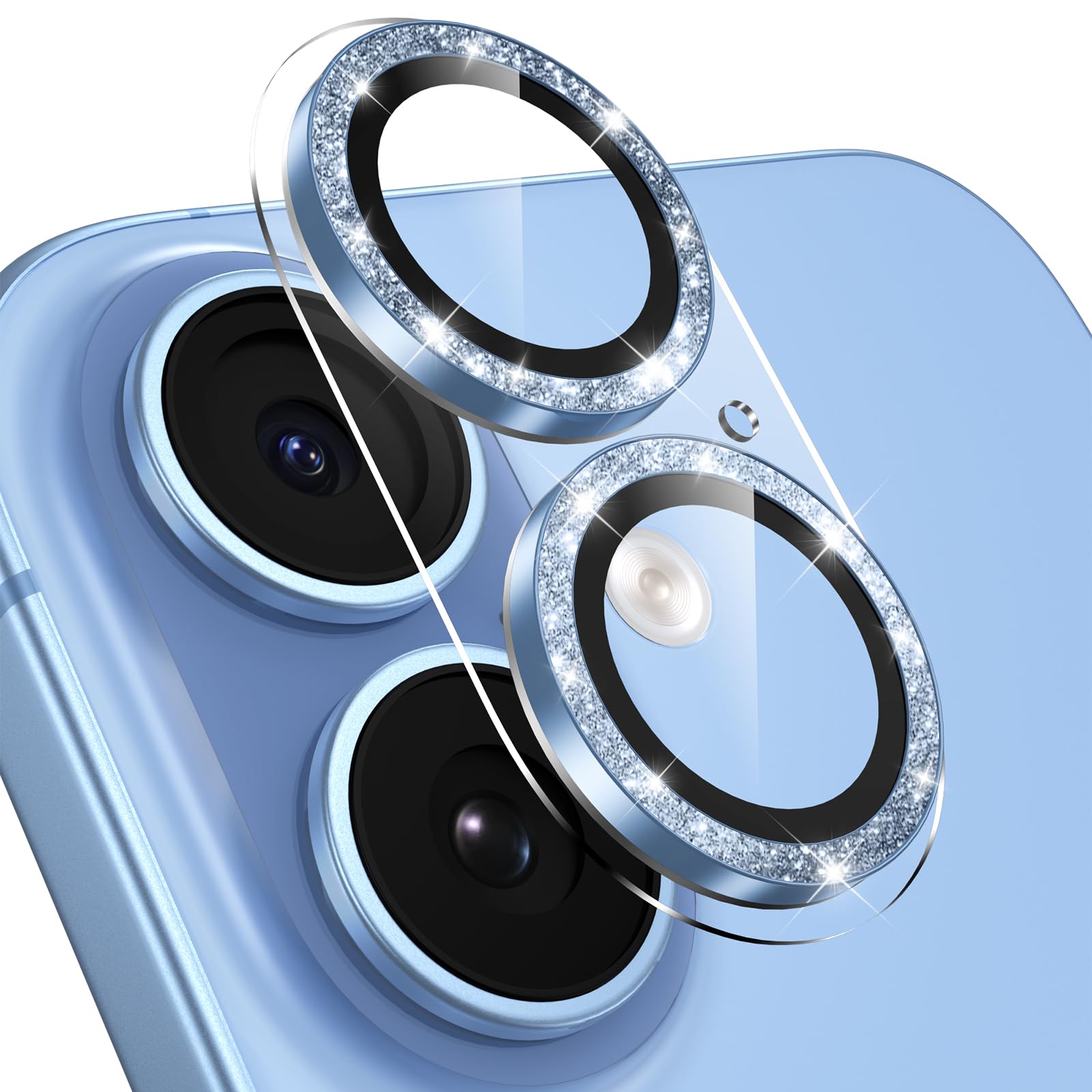 BUQIUSA カメラフィルム iPhone 17 用 カメラ保護 キラキラ 透明台座 全面保護 アイフォン17 レンズカバー かわいい 耐衝撃 9H強化ガラス いphone17専用カメラカバー 超高透過率 一体型 ミストブルー