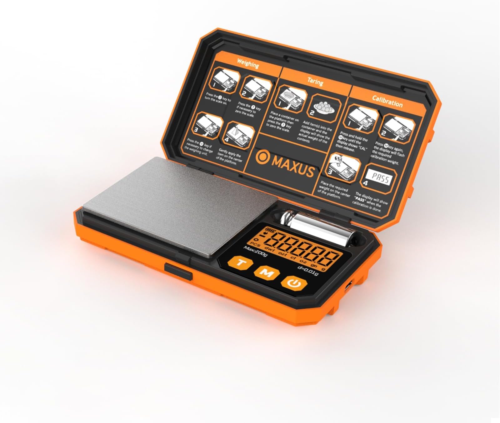 Digital Precision Pocket Scale with 200 x 0.01g Accuracy, Calibration Weight, and USB Cable - Ideal for Jewelry, Coins, and More