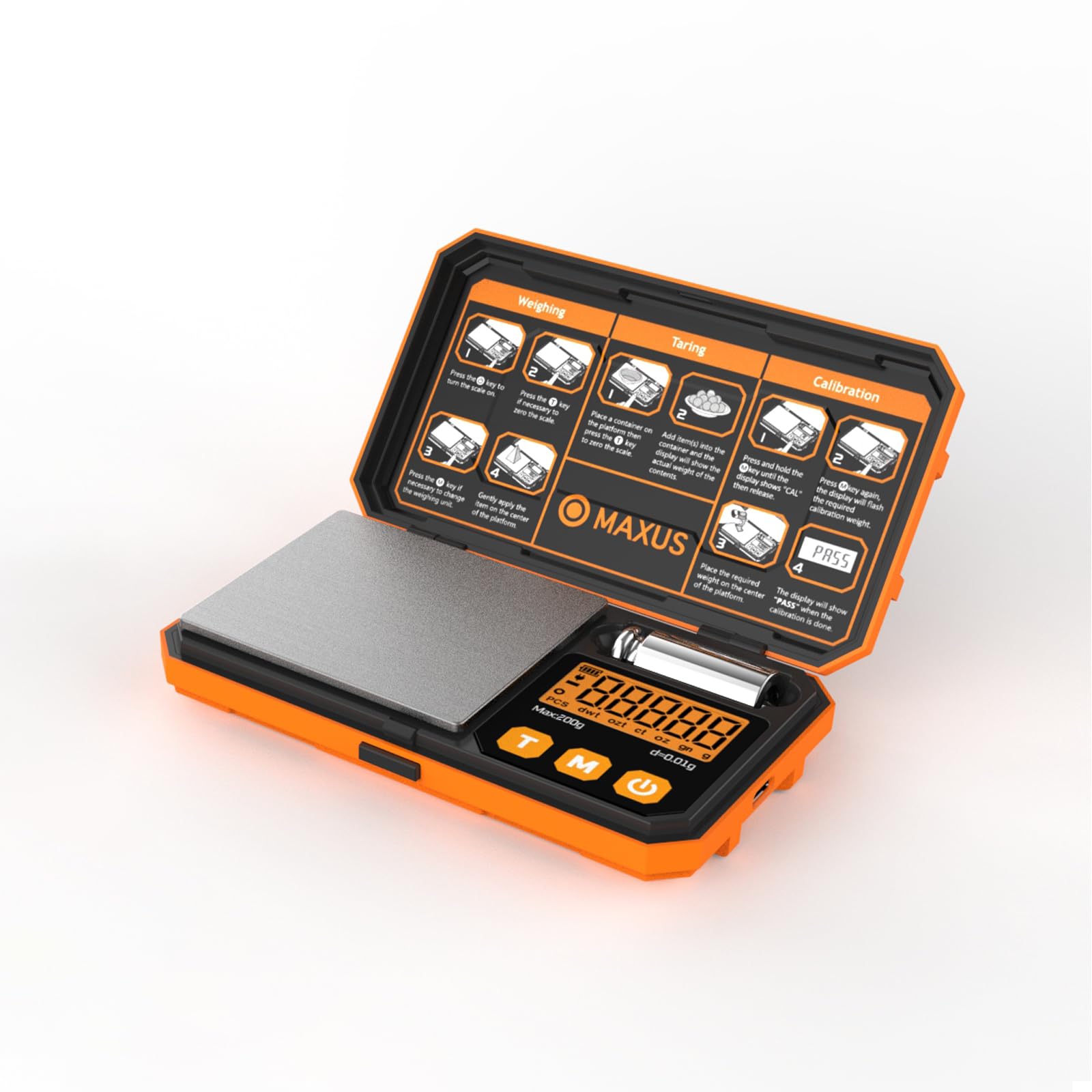 MAXUS Digital Precision Pocket Scale with 200 x 0.01g Accuracy, Calibration Weight, and USB Cable - Ideal for Jewelry, Coins, and More