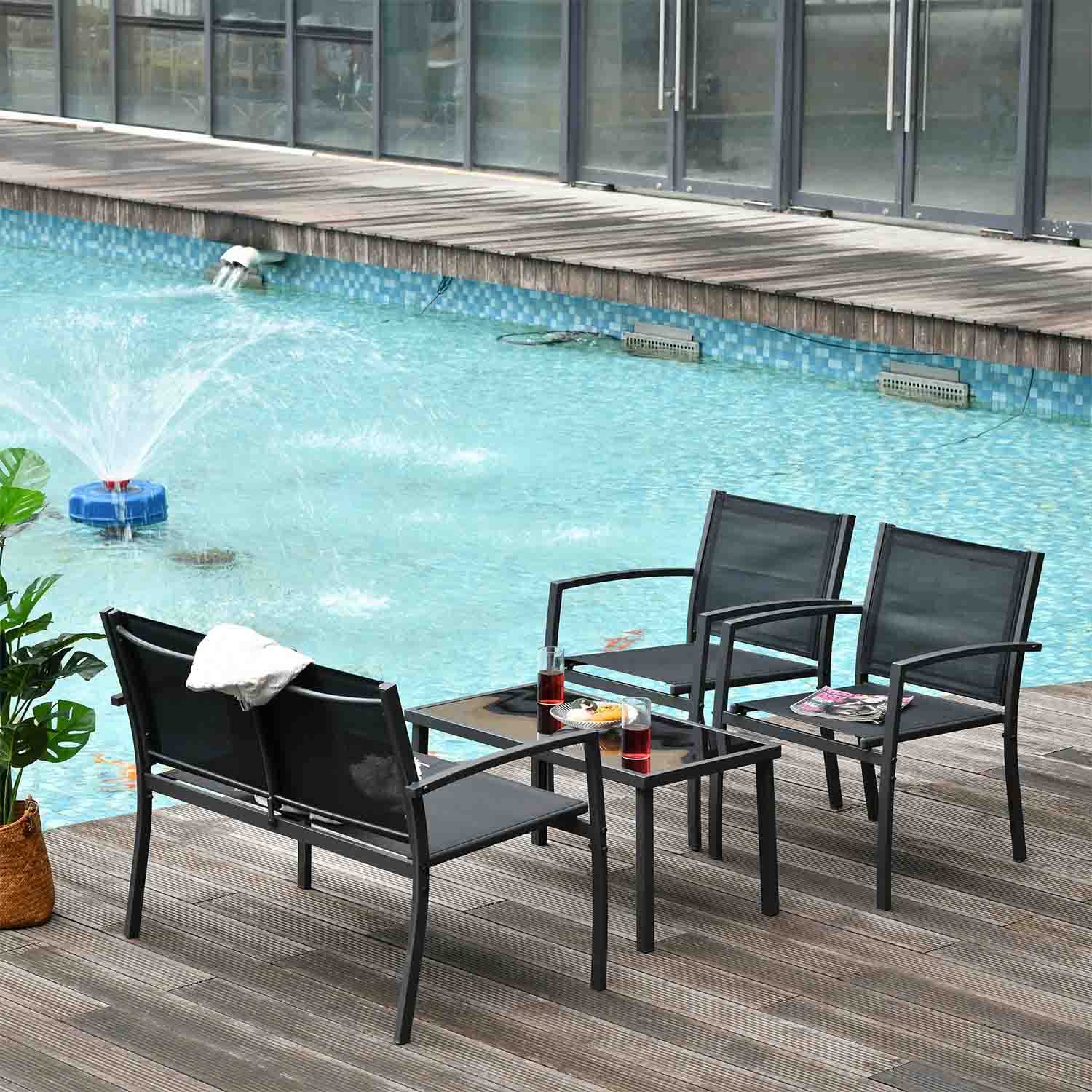 FRANKYSTAR Adelaide - Salottino da giardino di design con divanetto + 2 poltrone + tavolino da caffè con ripiano in vetro. Set lounge da esterno 4 pezzi in metallo e textilene nero
