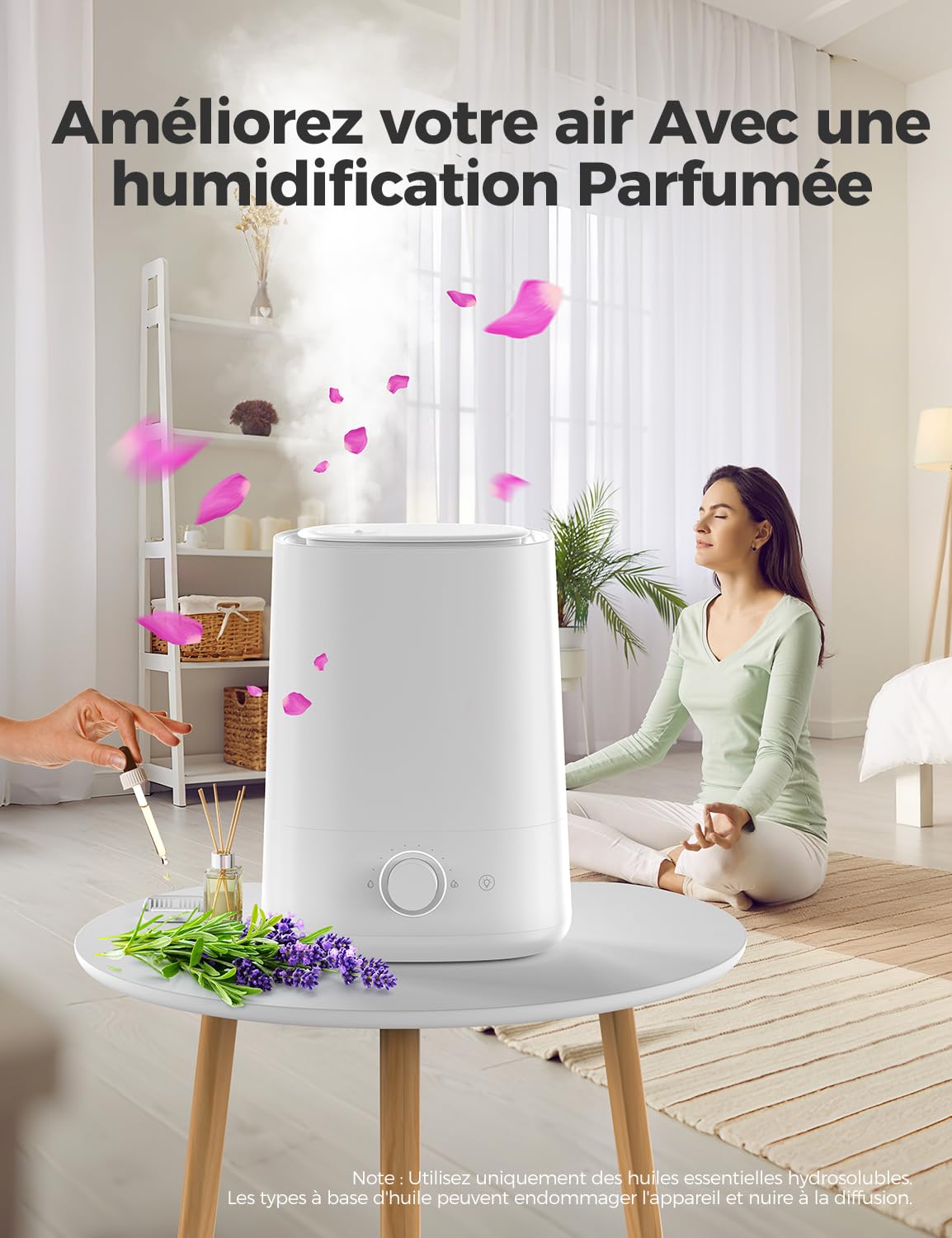 AROEVE Humidificateur d'air 5L à Remplissage par le Dessus,à Brumisateur Ultrasonique avec Diffuseur d'Huile Essentielle, Buse 360°, Veilleuse 28dB, Autonomie 50H, pour Chambre de Bébé, Plantes