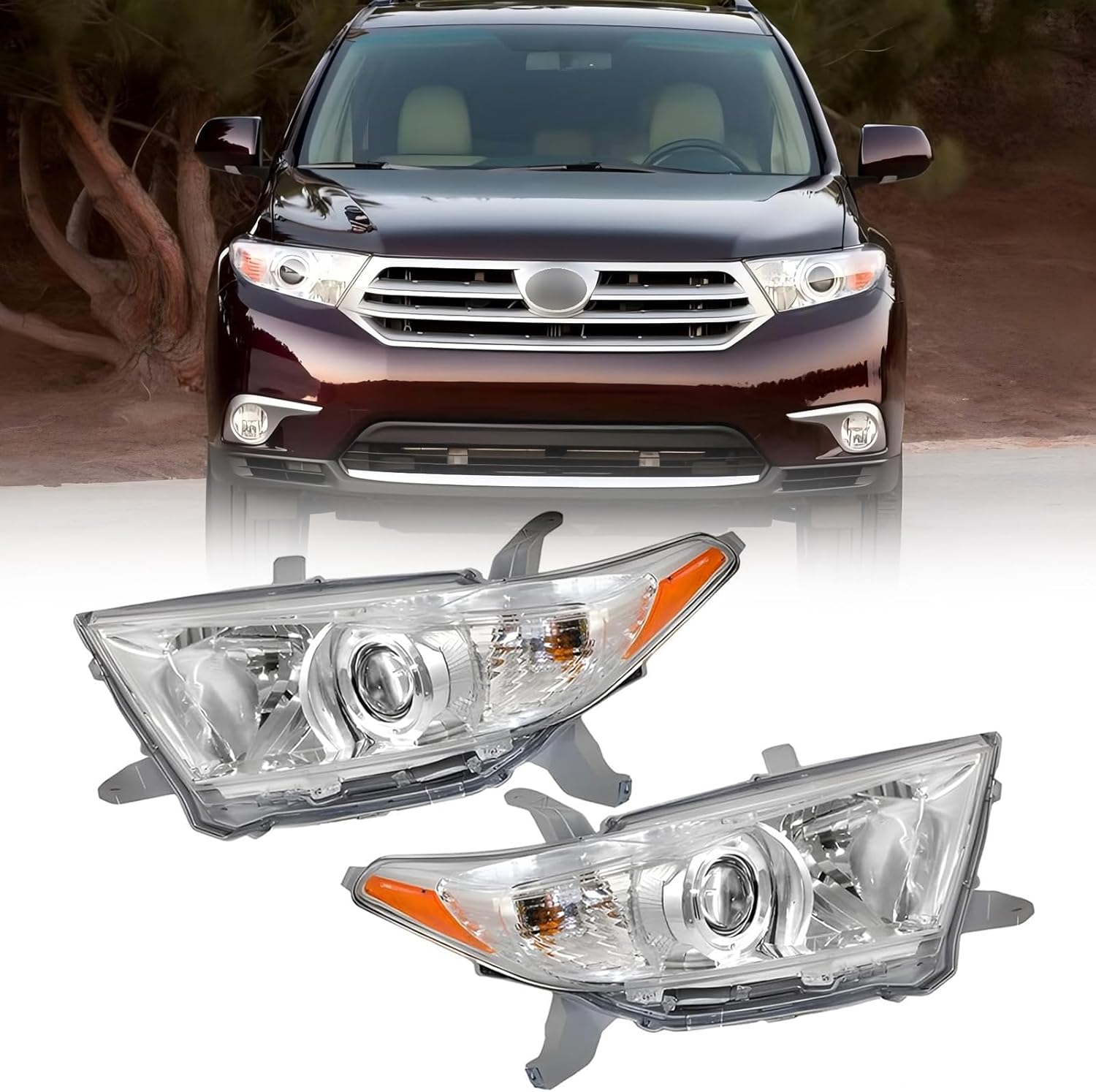 PENSUN Headlights Assembly Fit for Toyota Highlander 2011 2012 2013, Halogen Headlamp Assembly Pair Replacement, Driver & Passenger Side