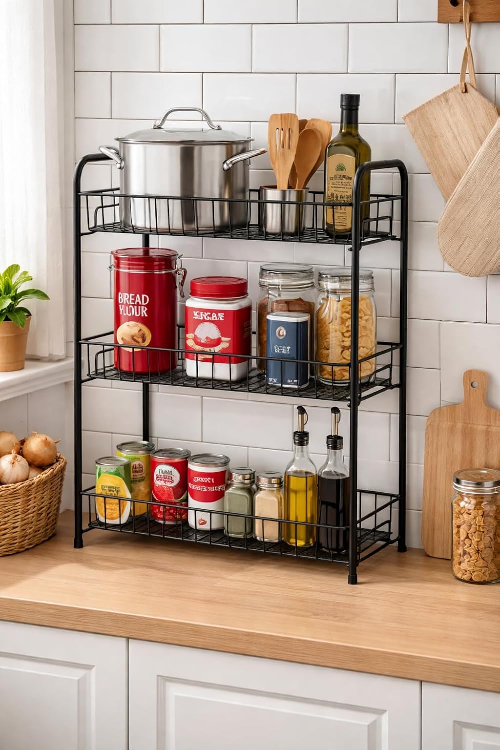 ProGrade 3-Tier Metal Kitchen Storage Rack, Wire Basket Shelves, Freestanding Organizer for Spices and Pantry (Black)