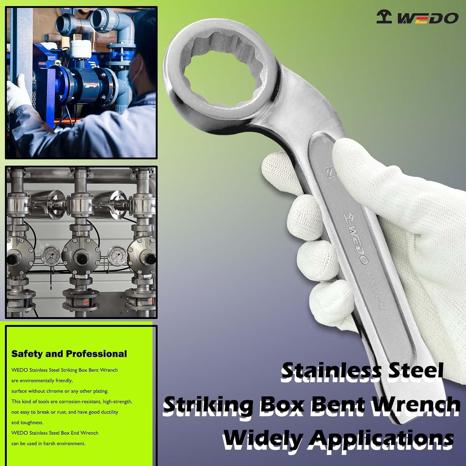 WEDO Bent Box End Striking Wrench Stainless Steel 45 Degree, 27mm, Length 175mm, 12 Point Bent Box Strike Wrench with Extra Wide Striking Zone, Slogging Ring Spanner, Anti-Corrosion, Rust Proof