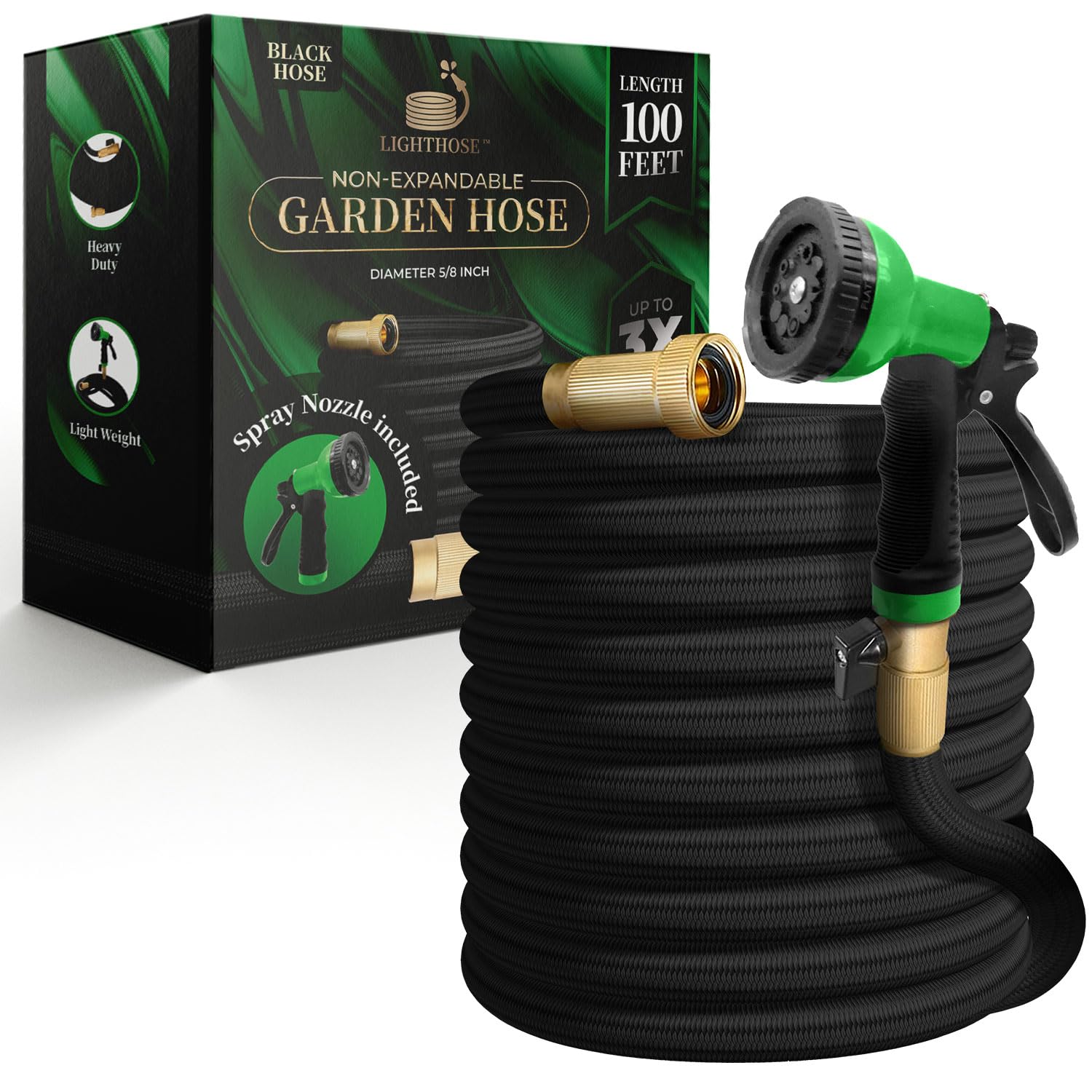 LightHose Garden Hose, NON-EXPANDABLE Garden Hose, Super Light Weight Hose, No Burst, 3/4 inch Solid Brass Connectors, 100 Ft, Black