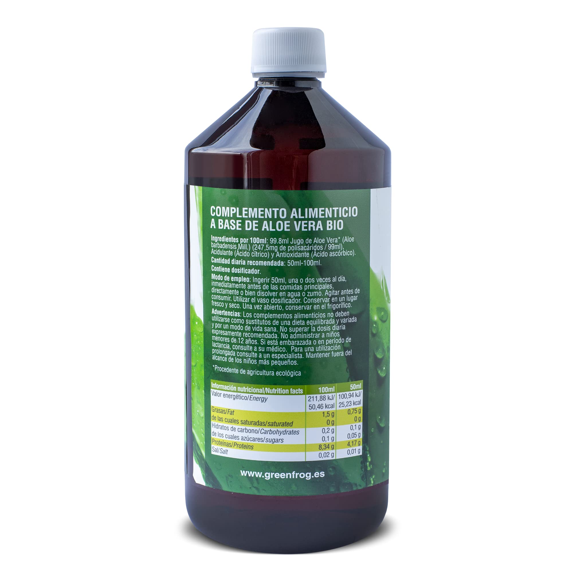 Green Frog - Jugo de Aloe Vera (99,8%) sin Pulpa - 1 Litro - 100% Ecológico - Rico en Vitaminas A, C, E y Grupo B - Aminoácidos Esenciales - Botella de PET - Libre de Aloínas