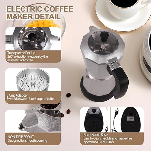 Miniatura 4 de Olla eléctrica de aluminio para moka de 5 a 6 tazas, 9.1 fl oz, cafetera expresa, portátil, cafetera italiana, clásica, greca, café, moca, con base