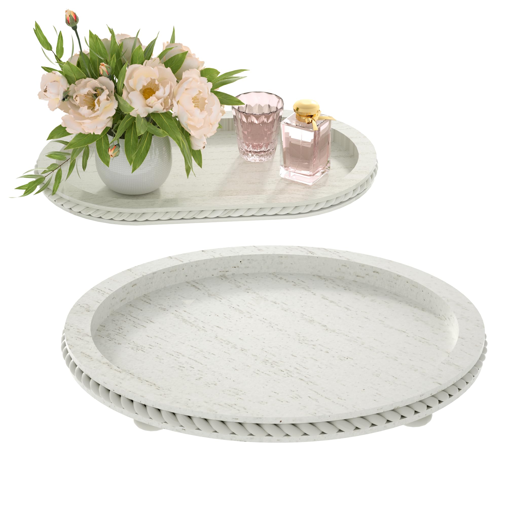 Urban Deco Wooden Tiered Tray, Oval and Round Tray Set of 2, Farmhouse Vintage Decorative Tray Stand for Coffee Table, White Serving Tray for Living