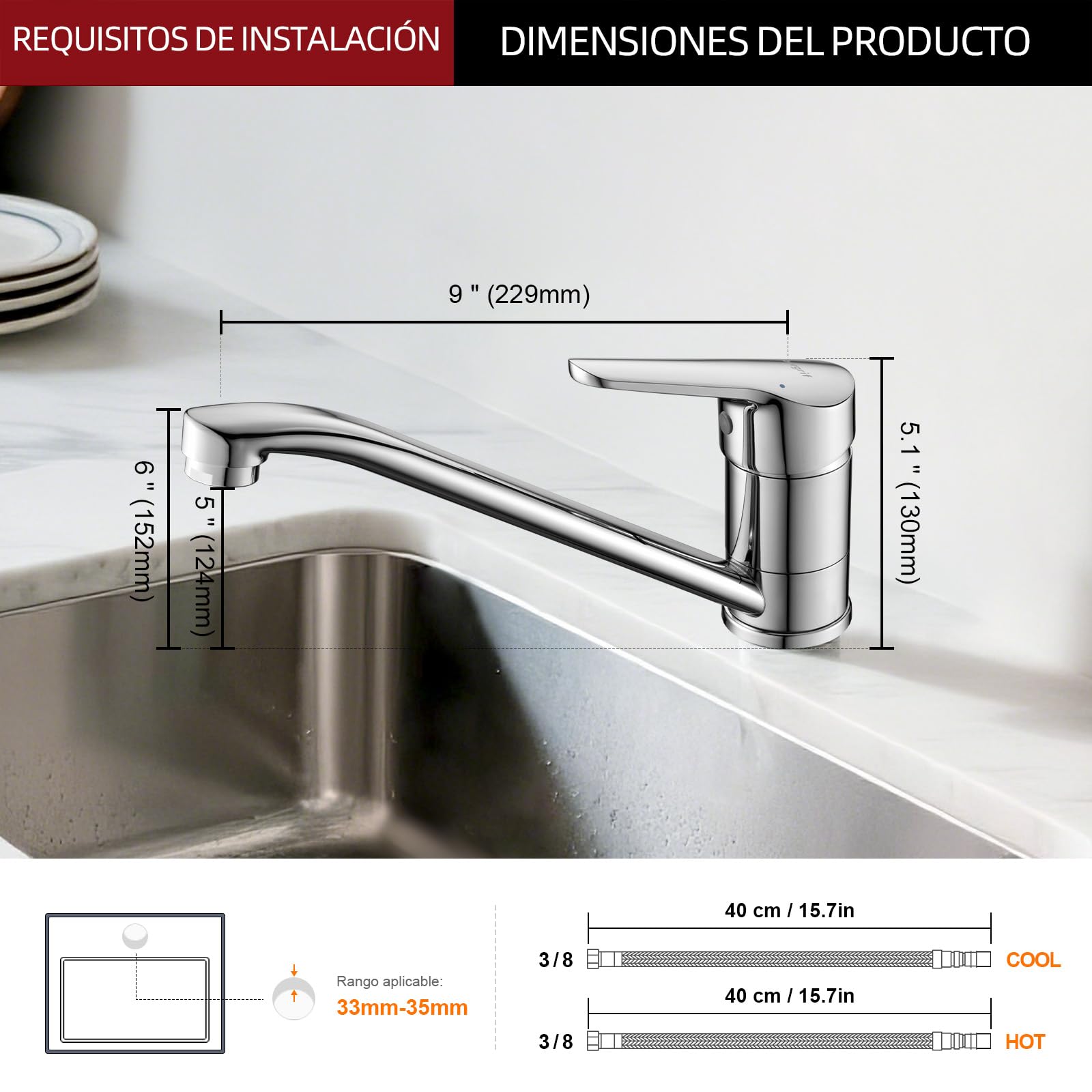 Ibergrif Grifo de Baño y Cocina, Grifo Mezclador para Lavabo con Ahorro de Agua, Agua Fría y Caliente, Latón Cromado Plata, 2 Adaptadores G1/2"-M14450