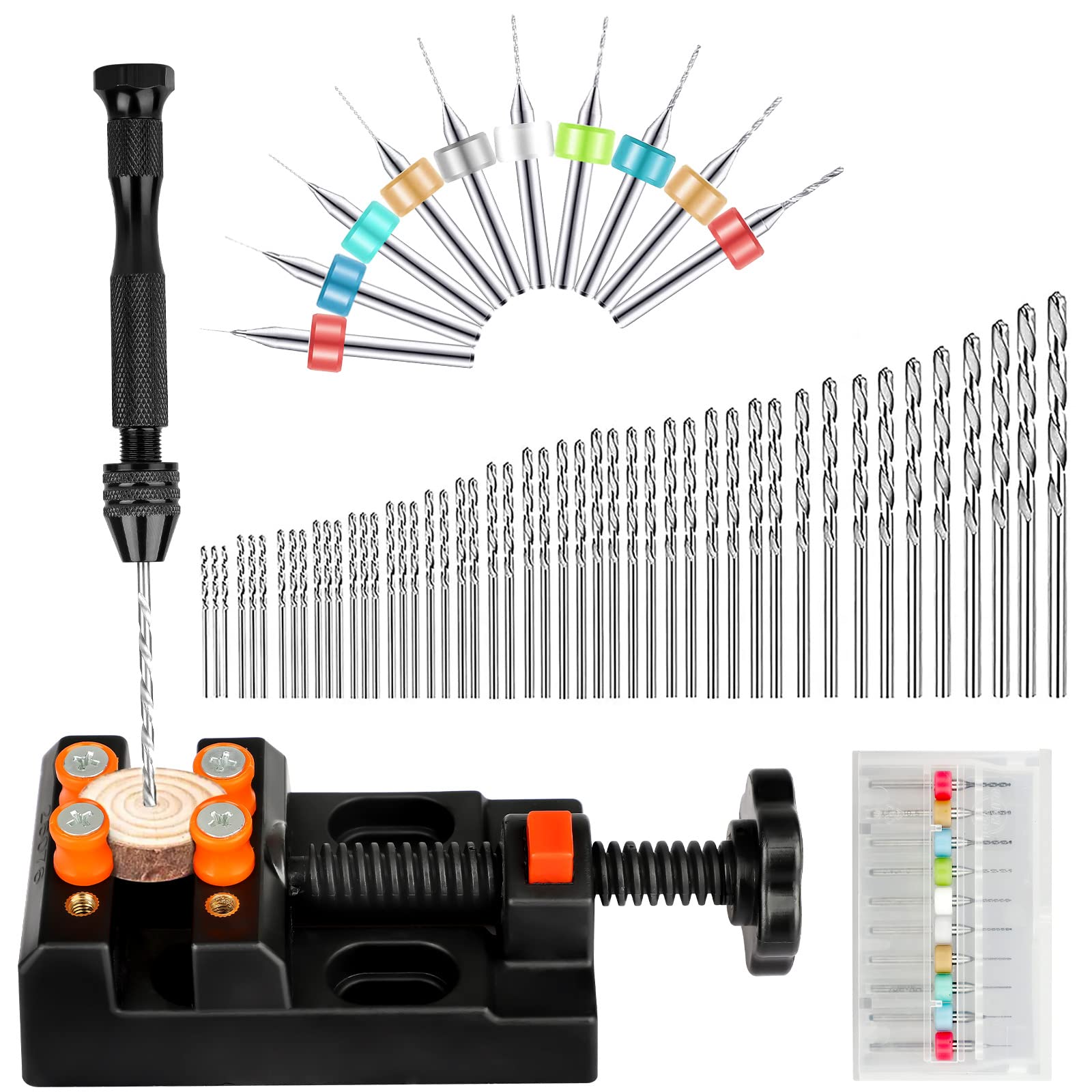 SUNJOYCO 60 Pieces Pin Vise Hand Drill Set, Micro Mini Twist Drill Bits PCB Drill Bits Bench Vise Tool for Resin Wood Jewelry DIY Drilling and Model Building