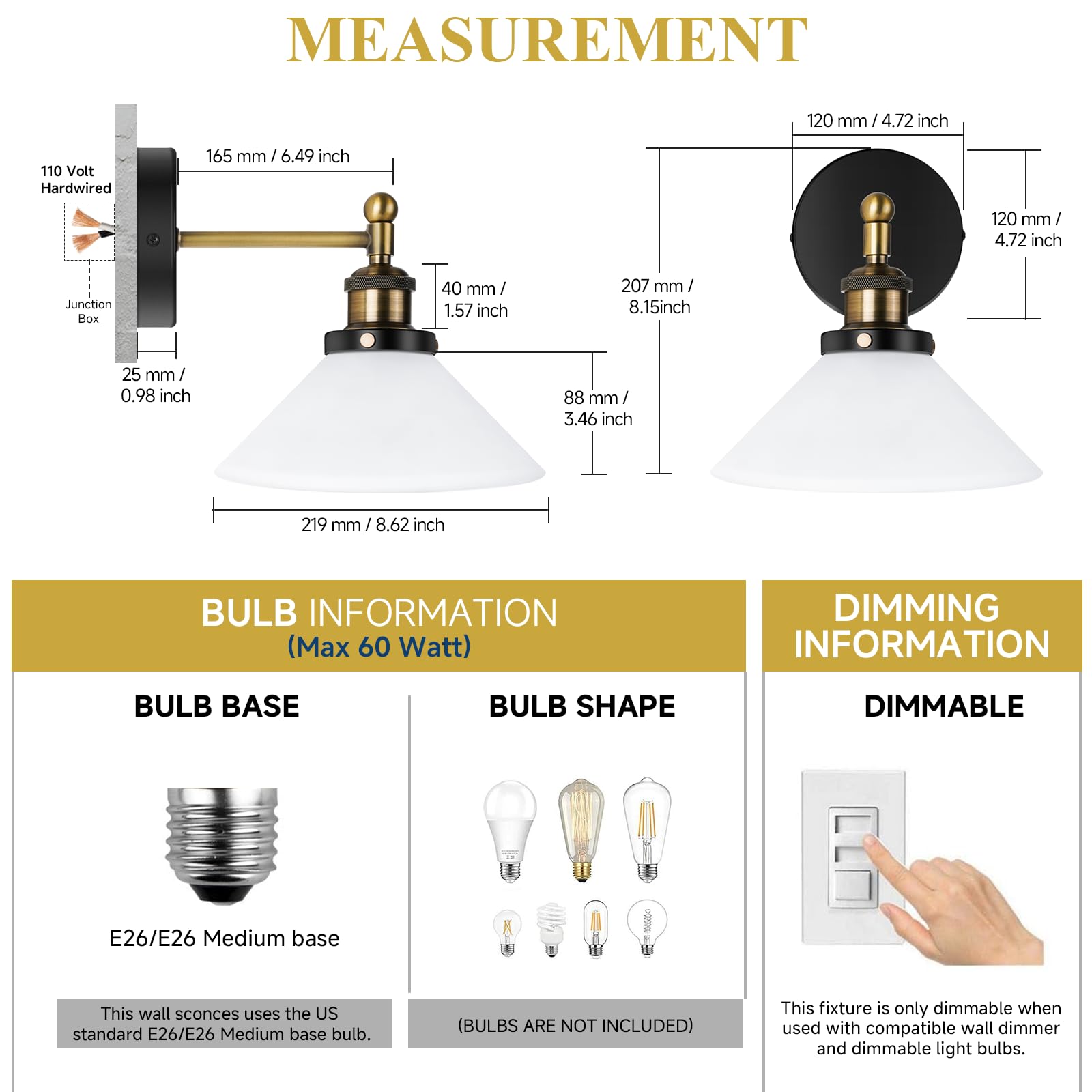 Vintage Wall Sconces Set of 2 Indoor 110V Hardwired Frosted Glass Wall Mounted Lamp Light Fixtures for Bathroom Vanity Kitchen Hallway Stairway, Anti-Rust Brushed Bronze Finish, E26 Base, WS-23061-C2