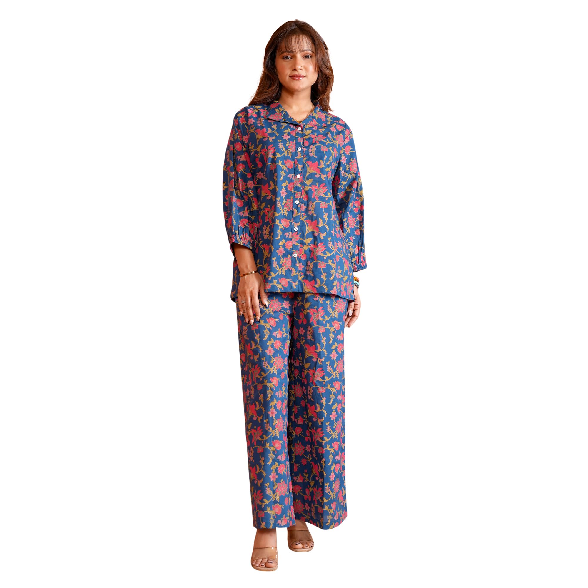 tisara Co ord Set for Women Cotton Stylish Coord Sets for Woman Casual Shirt Pant Palazzo Coords Dark Blue-picture-44