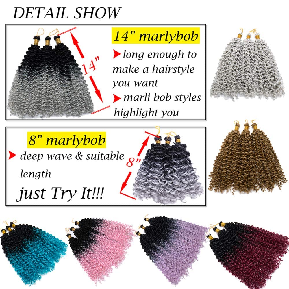 S-noilite Marlybob Water Wave Crochet Hair Extension [3 Bundles/PACK] Deep Wave Wavy Bohemian Crochet Braid Marlibob Synthetic Hair Extensions for Black Women (14"-3bundles,Black to Light Purple)