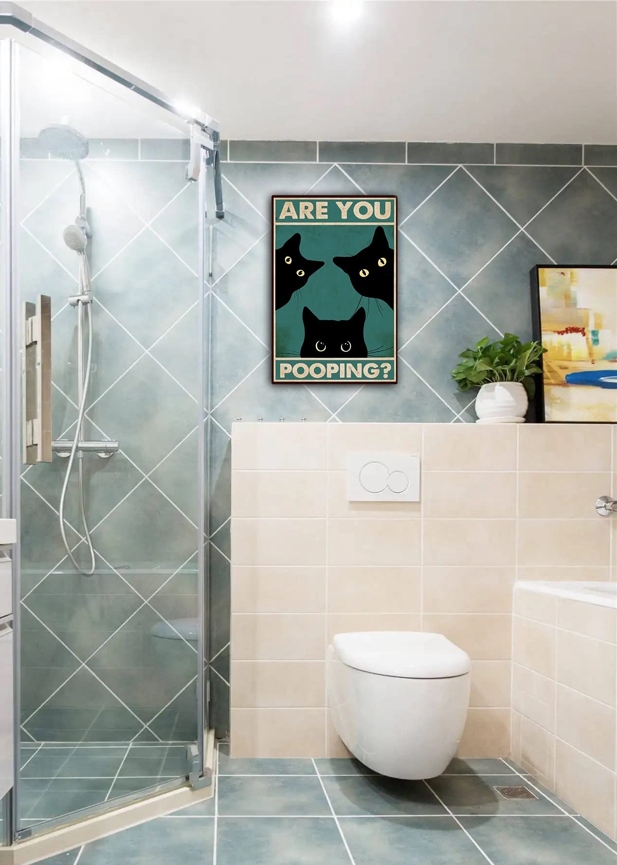Targa in latta divertente con gatto nero e scritta in inglese Are You Pooping, decorazione da parete per bagno, stile vintage, 20 x 30 cm, beige