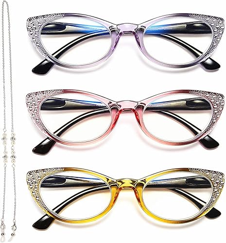 EYEURL Lentes de lectura de ojo de gato para mujer, bloqueo de luz azul de 2.25, paquete de 3 lectores de bisagra de resorte para computadora con