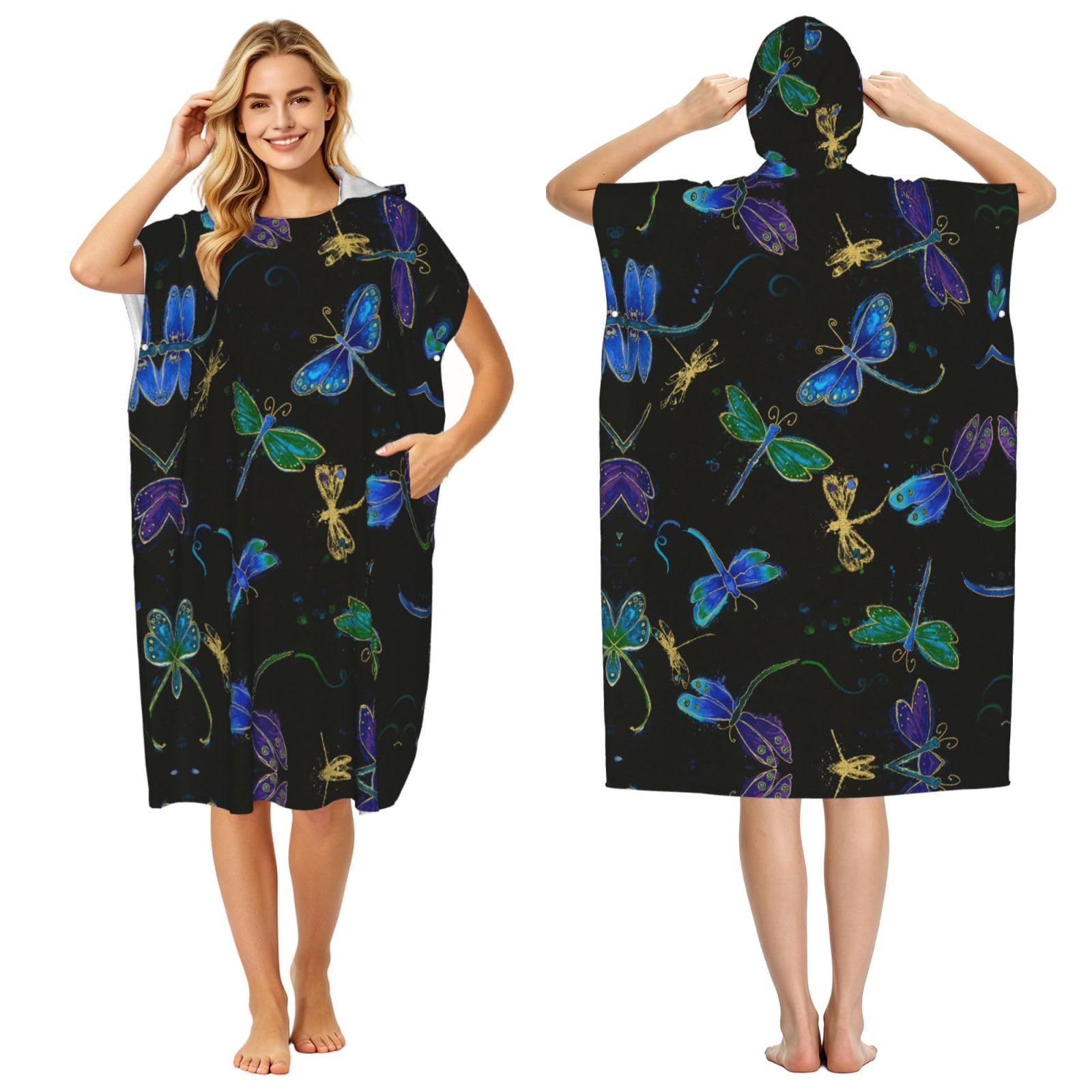 ESNAIUVCD Dragonfly Print Changing Robe, Hooded Towel Poncho For Swimming Pool, Beach,Quick Dry & Light Weight Towelling Poncho For Adults Women Men