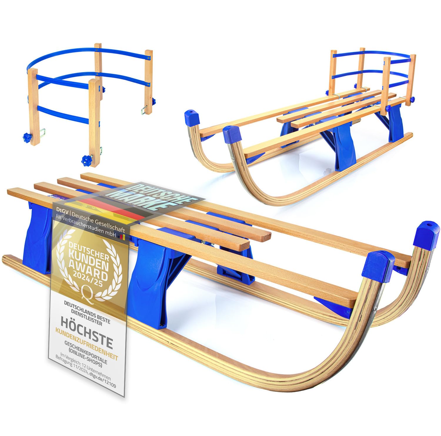 Holzschlitten 110 cm Davoser Rodel Faltbarer Klappbarer Kinderschlitten; Premium Holz-Schlitten aus Buchenholz Klappschlitten Optional mit Lehne (Modell 24/25)