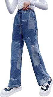 Big Girls Baggy Jeans Casual Patchwork Denim Jeans Elastic Wasit Wide Leg Ripped Pants Bell Bottoms for 4-14 Years