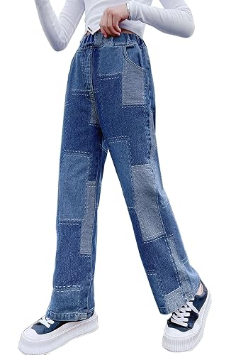 LAVIQK Big Girls Baggy Jeans Casual Patchwork Denim Jeans Elastic Wasit Wide Leg Ripped Pants Bell Bottoms for 4-14 Years - 1-blue Patchwork - 8-9 Years