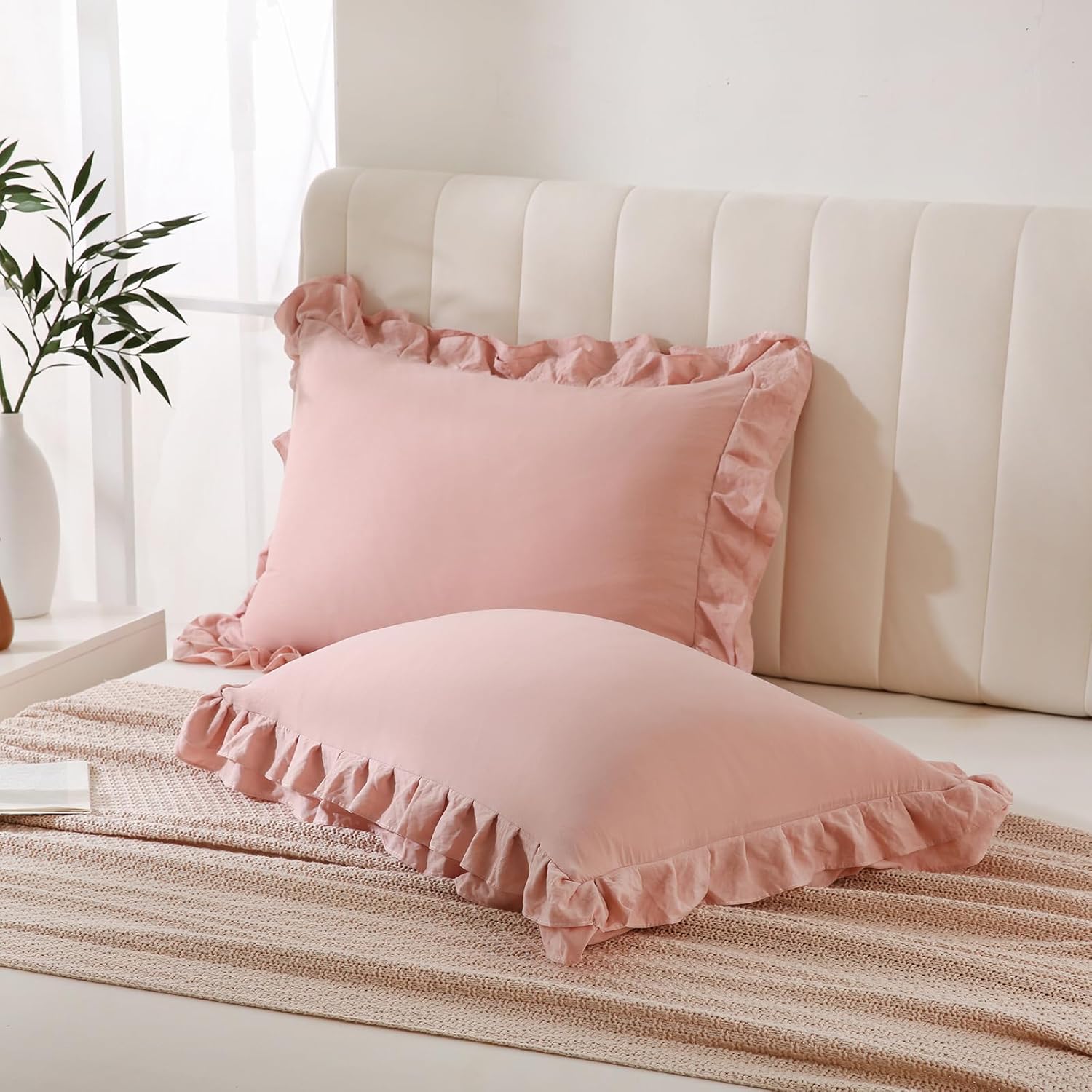 Bedbay Pink Pillow Cases Queen Size Set of 2,Ruffle Pillow Shams,Shabby Chic Pillow Cases Standard Size,Vintage Ruffled Decorative Pillow Covers,Soft Microfiber Boho Bed Pillowcases 2 Pack