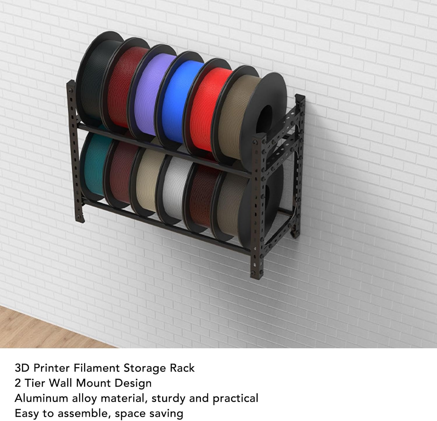 WALFRONT 3D Printer Filament Storage Rack Aluminum Alloy Wall Mount Double Tier Organizer Holds 12 Rolls Printer Filament for Workshops Print Farms