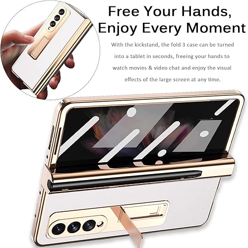 Miniatura 5 de Miimall Funda compatible con Samsung Galaxy Z Fold 3 con soporte para bolígrafo, patrón de cuero, protector de pantalla de vidrio templado+bisagra
