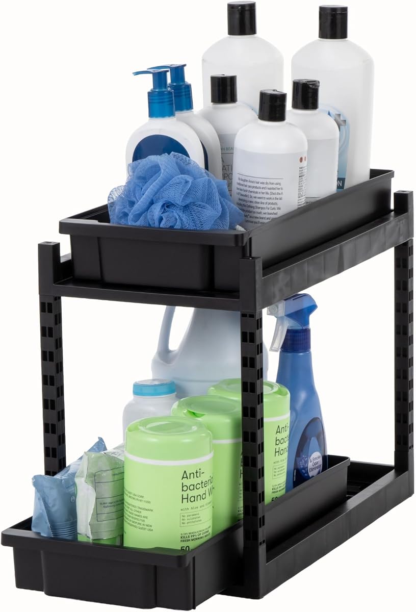 IRIS USA 2 Tier Pull Out Drawer Organizer, Kitchen Bathroom Pantry, 1 Pack | 16"L x 9"W x 14"H, Durable PP Legs, Tool Free Set Up, Under Sink Slide Out Drawer, Cleaning Supplies Storage