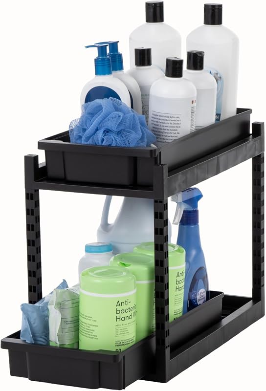 IRIS USA 2 Tier Pull Out Drawer Organizer, Kitchen Bathroom Pantry, 1 Pack | 16"L x 9"W x 14"H, Durable PP Legs, Tool Free Set Up, Under Sink Slide Out Drawer, Cleaning Supplies Storage