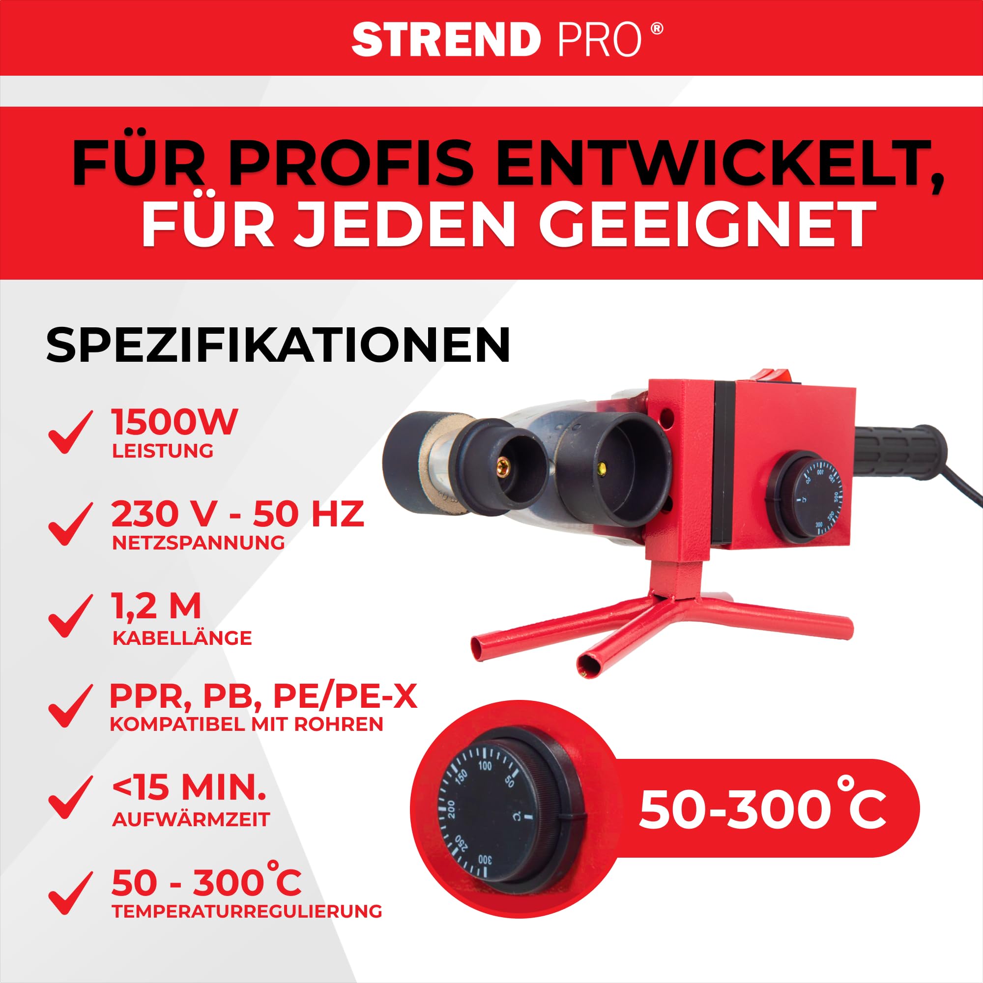STREND PRO Muffenschweißgerät |1500W Polyfusions | Schweißgerät für Kunststoffrohre Ø20–63 mm - PPR, PE | Profi-Rohrschweißgerät mit 14-teiligem Zubehör | 0–300°C Temperaturregelung | Schweißgerät