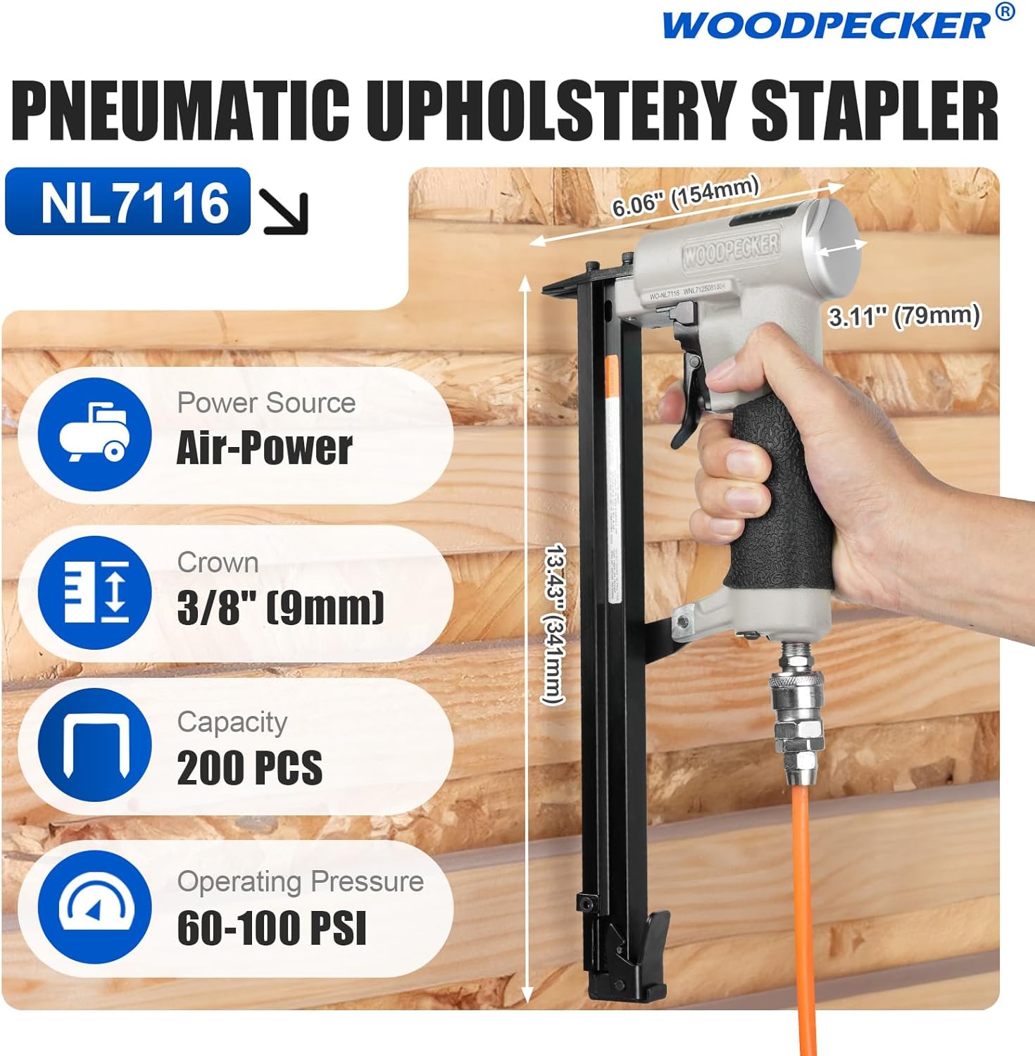 WOODPECKER NL7116 Pneumatic Upholstery Stapler with Extended Magazine, 22 Gauge 3/8-Inch Crown Staples, 71 Series Air Staple Gun for Woodworking, 1/4" to 5/8"