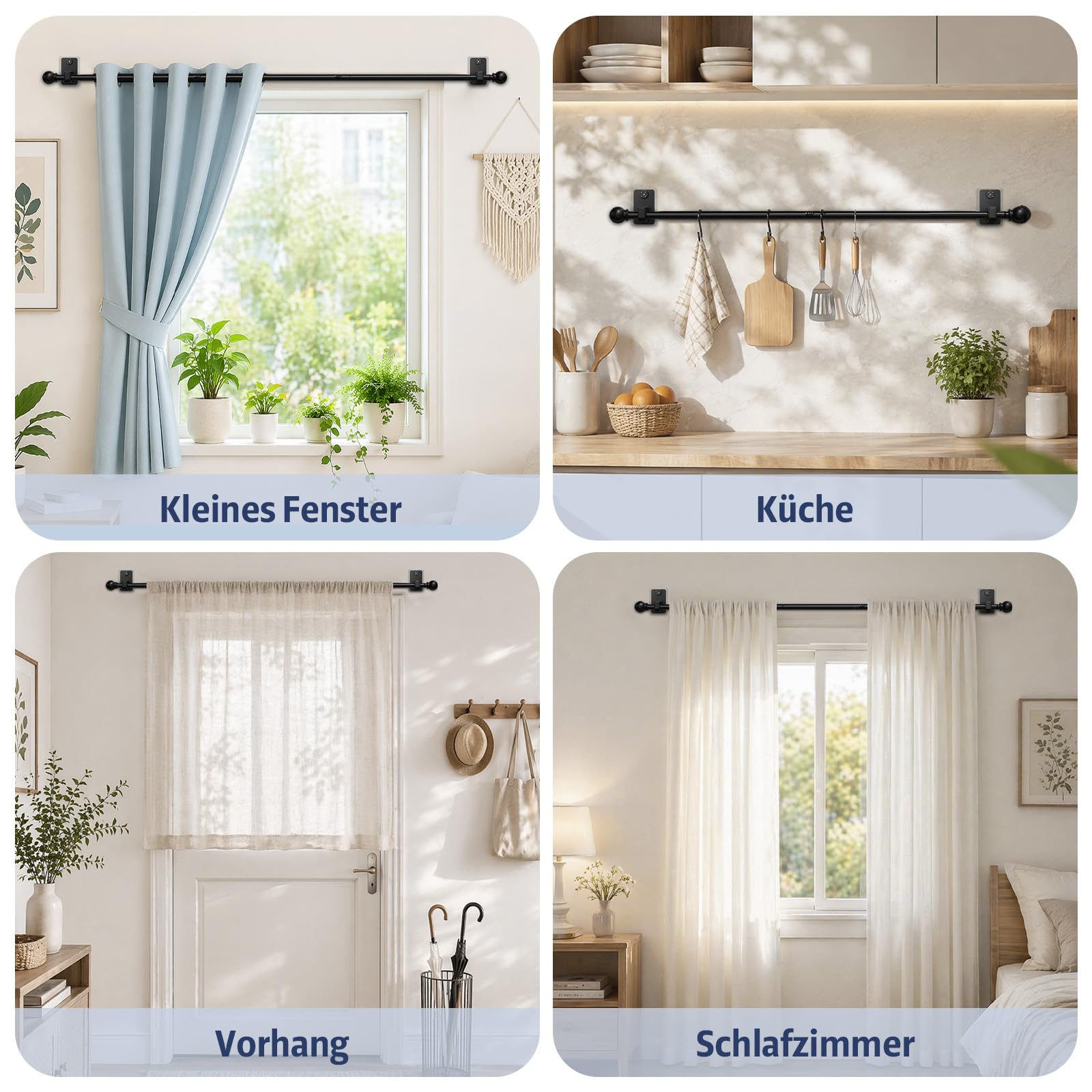 2.0 Pro Gardinenstange Ohne Bohren (with Klebeband und Verdeckte Nägel) 72-130 cm 16 mm Durchmesser Ausziehbare Vorhangstange Ohne Bohren Schwarze Geeignet für Leichte Gardinen Mieterfreundlich