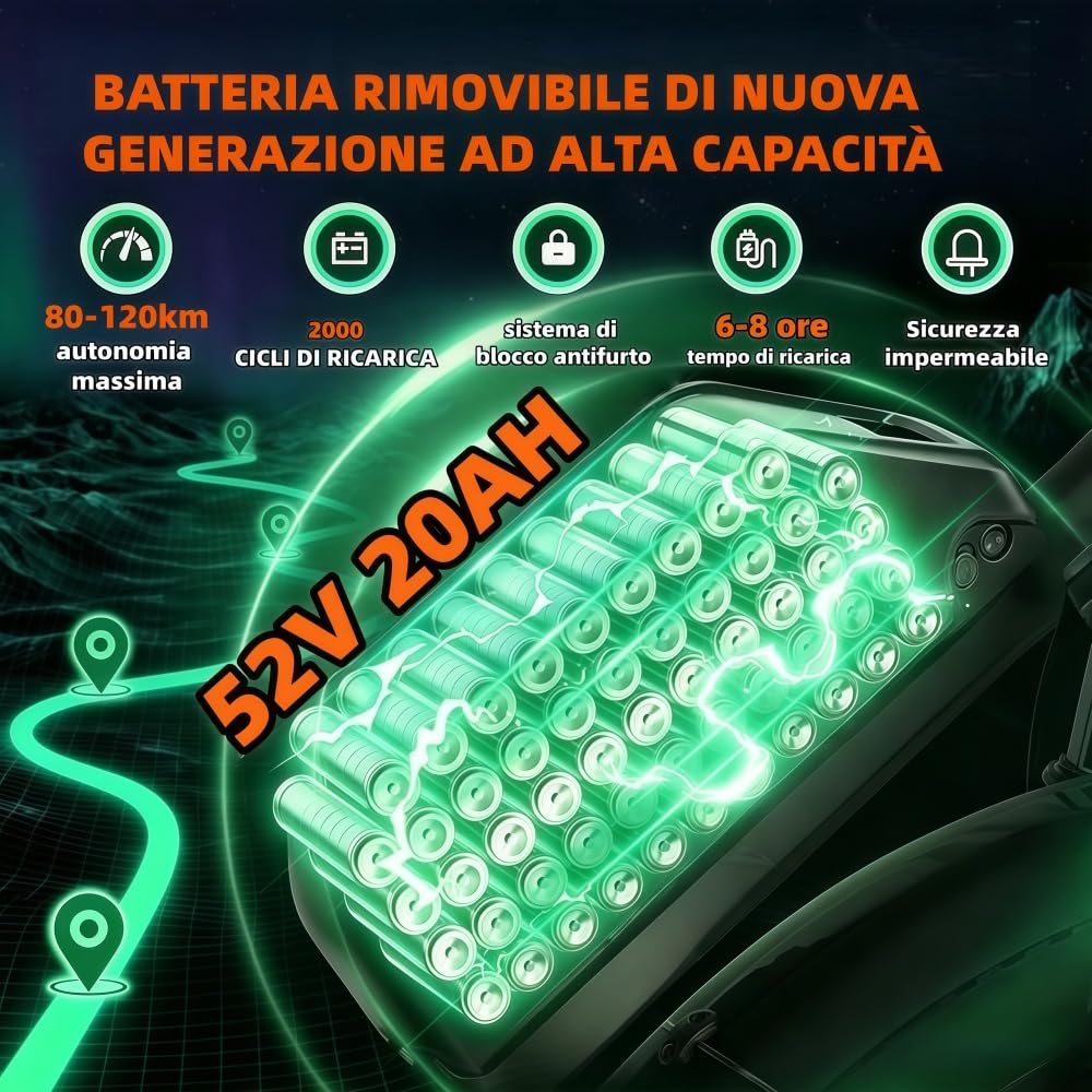 Bicicletta elettrica per adulti SU8 Premium, batteria rimovibile da 52 V e 20 Ah, autonomia di 80-120 km, 20 pollici, 7 Marce, freni idraulici, doppia sospensione, adatta a Tutti i terreni