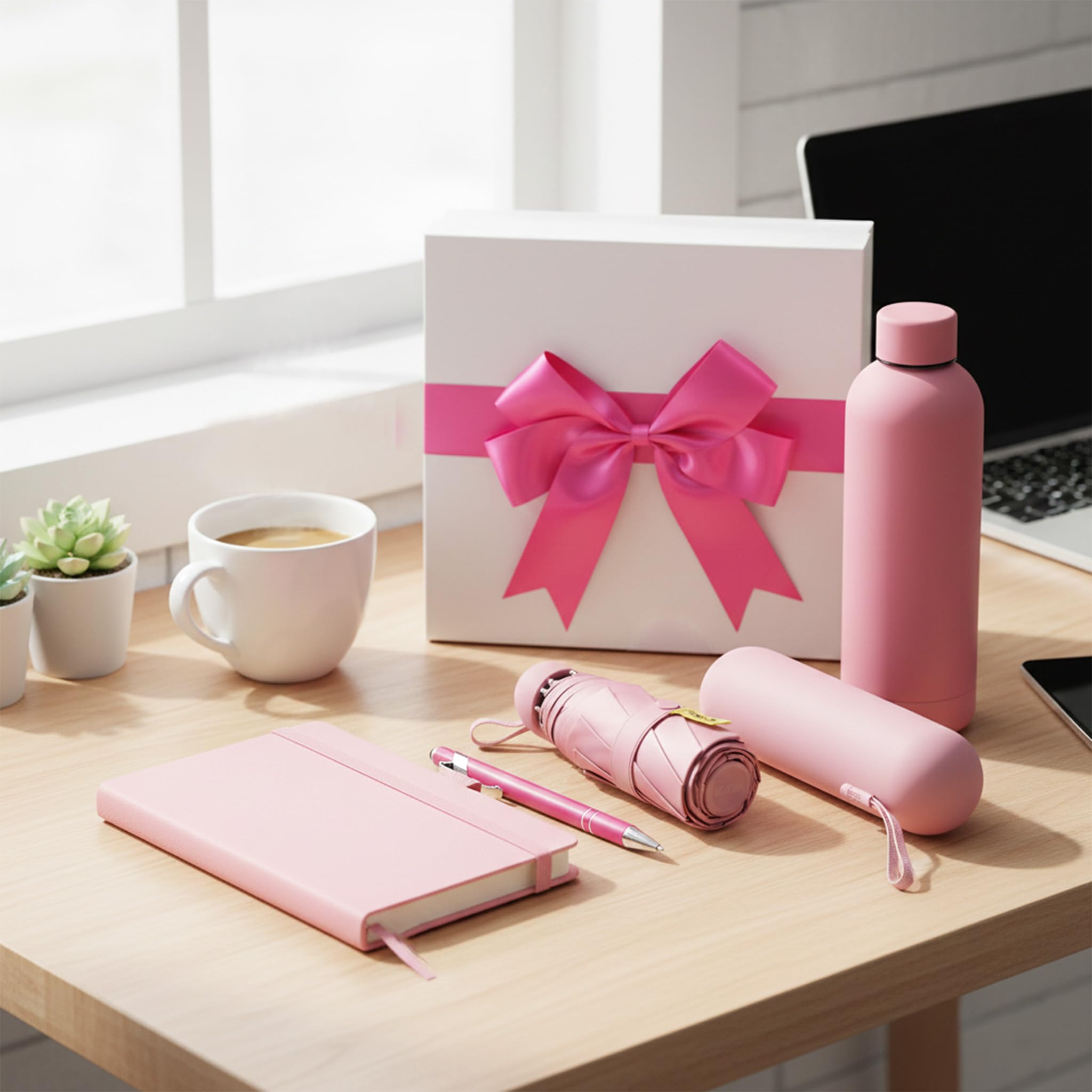 Vivid-it Gift Set for Women & Men | 4-in-1, A5 Notebook with Pen (Touch Stylus Tip), Umbrella and 500ml Stainless Steel Thermal Bottle | Corporate Gift Set | Gift Box with a Ribbon Bow (Pink) - Image 3