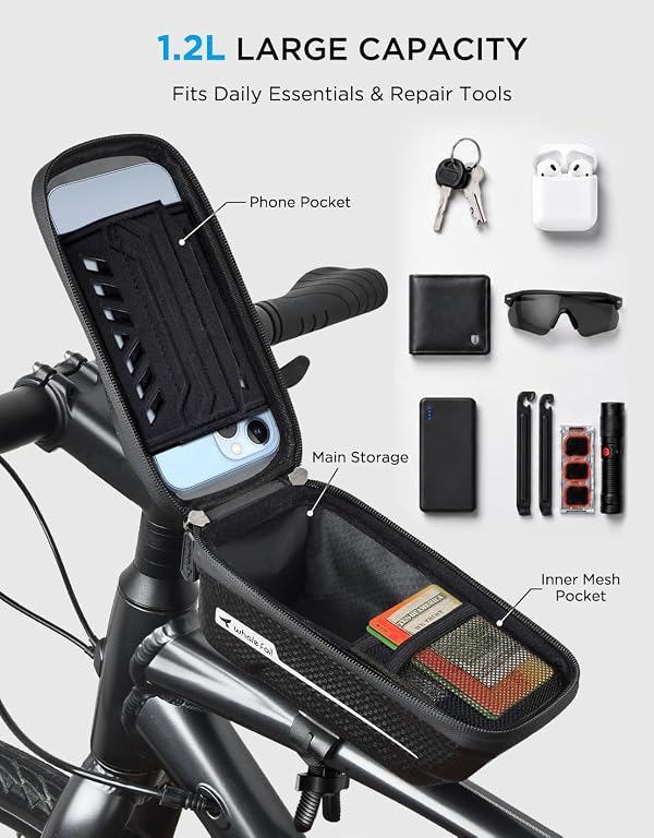 whale fall Waterproof Bike Frame Bag - [Quick Release] [Hard Shell] 2 in 1 Bike Phone Holder Mount, Bicycle Top Tube Bag with Sensitive Touchscreen, Bike Accessories for Phones Under 7" by whale fall - Image 6
