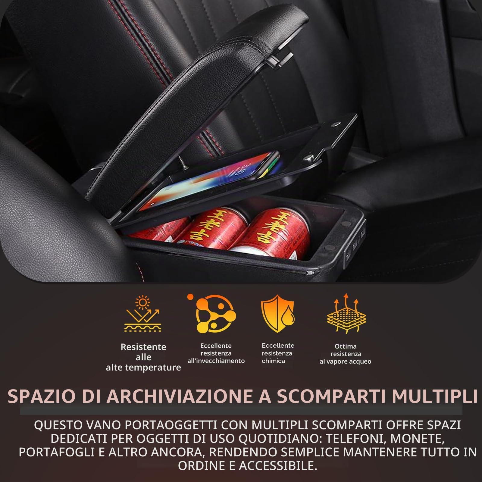 XUKEY Bracciolo in pelle nera, doppio strato, per console centrale, per 2008, con vano portaoggetti