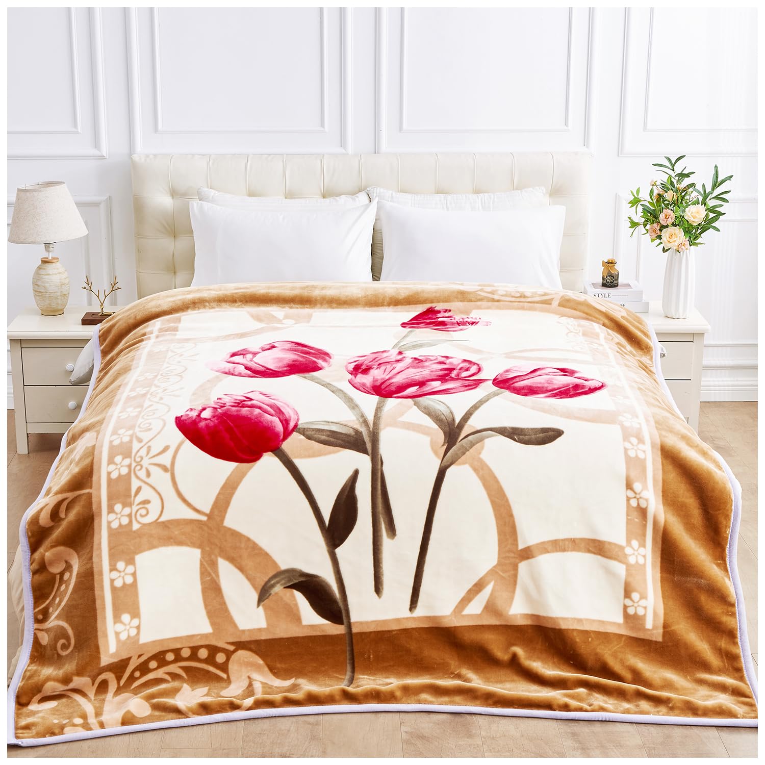 GC GAVENO CAVAILIA 2 Ply Reversible Flower Blanket Throw - Sherpa Fleece Bed Throw 4kg - Soft, Cozy, Thermal, Heavy Weight Blankets For Adult (200X240 cm) - Fluffy Large King Size Polyester Blanket