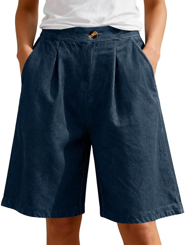 Womens Denim Shorts Summer High Waisted Pull On Knee Length Bermuda Jean Short Relaxed Fit Wide Leg Baggy Jorts