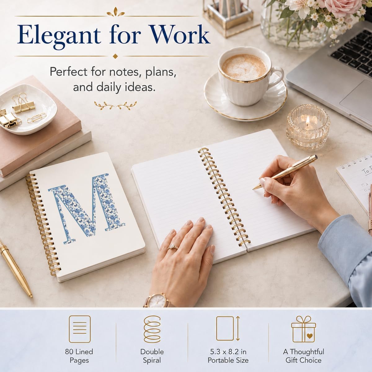 Blue Cute Initial Notebook Journal Diary Libretas Escolares M, Cute Preppy Personalized Notebook Gifts for Women Teen Girls Kids,Preppy Blue Aesthetic School Supplies for Girls 5.5x8.3 image 2
