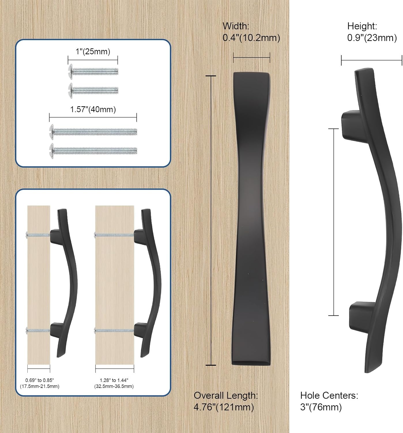 Knobonly 30 Pack Cabinet Handles 3 inch(76mm) Hole Centers, Matt Black Drawer Pulls, Bridge Design, Zinc Alloy