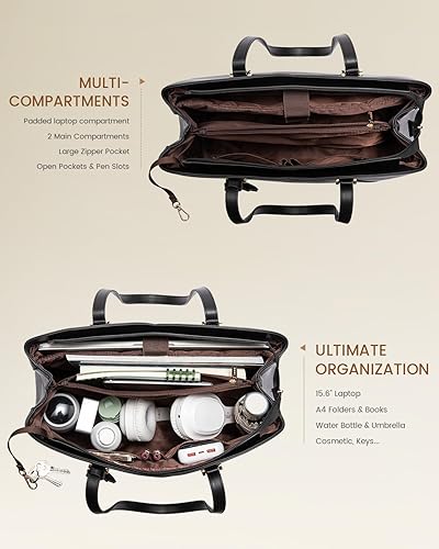 Miniatura 3 de LOVEVOOK Bolso de mano para laptop para mujeres, bolsos de trabajo, bolso para laptop para maestros, bolso de computadora de cuero, carteras Negro