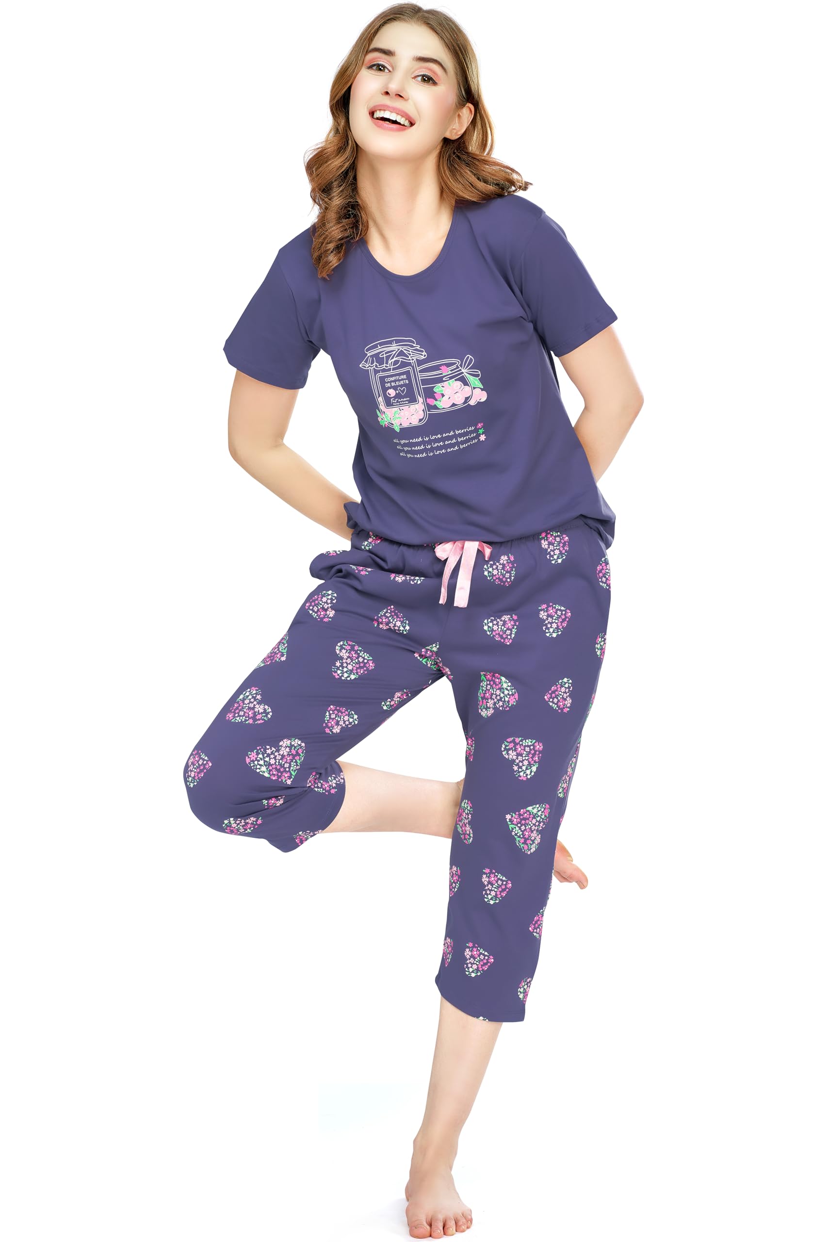 zeyo Night Suit for Women's Heart Printed Cotton Night Dress of Top and Capri Set 5747-picture-10