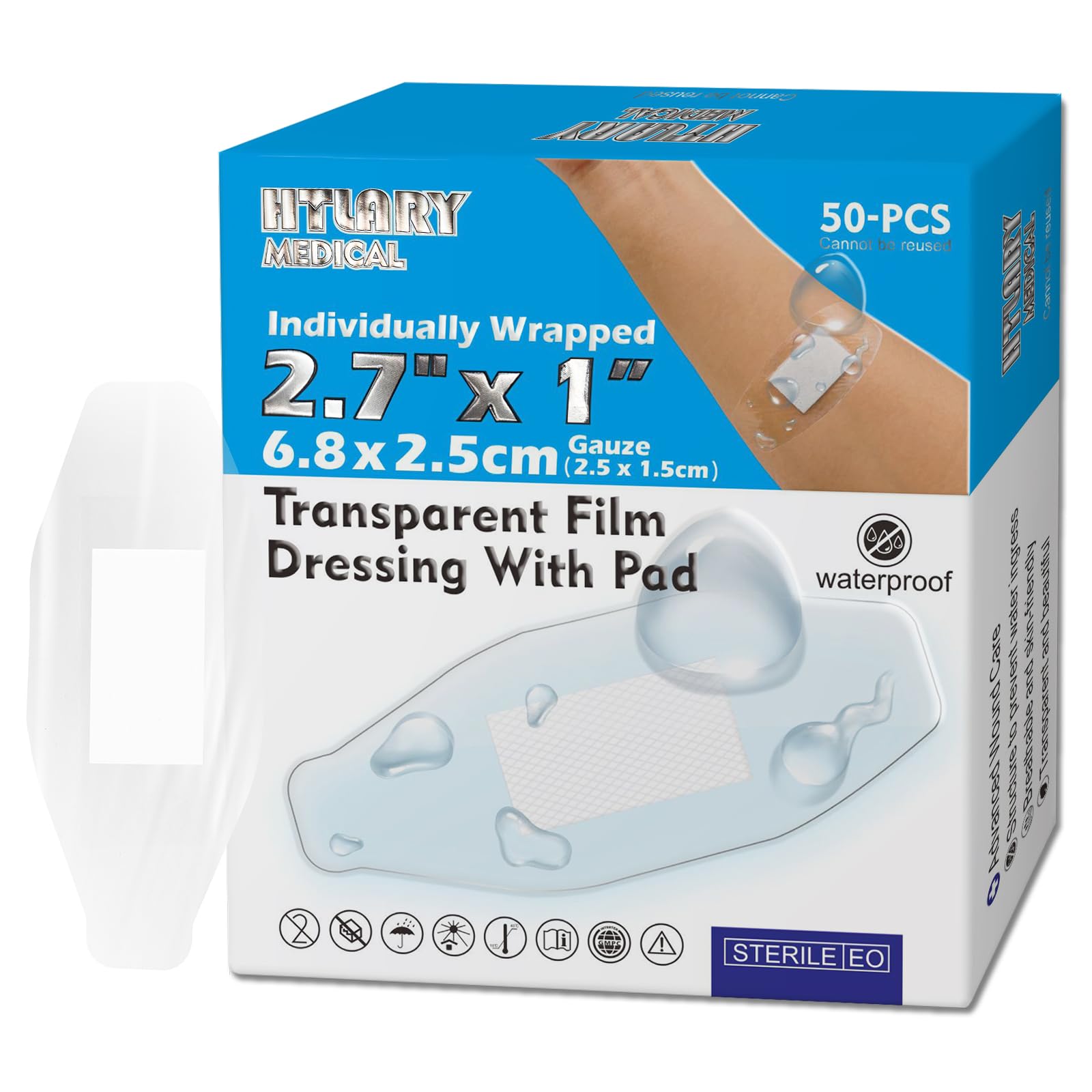 Apósito de película transparente impermeable con almohadilla absorbente, paquete de 50 vendas adhesivas estériles, cubierta postquirúrgica, barrera protectora para pieles sensibles (2.7 x 1)