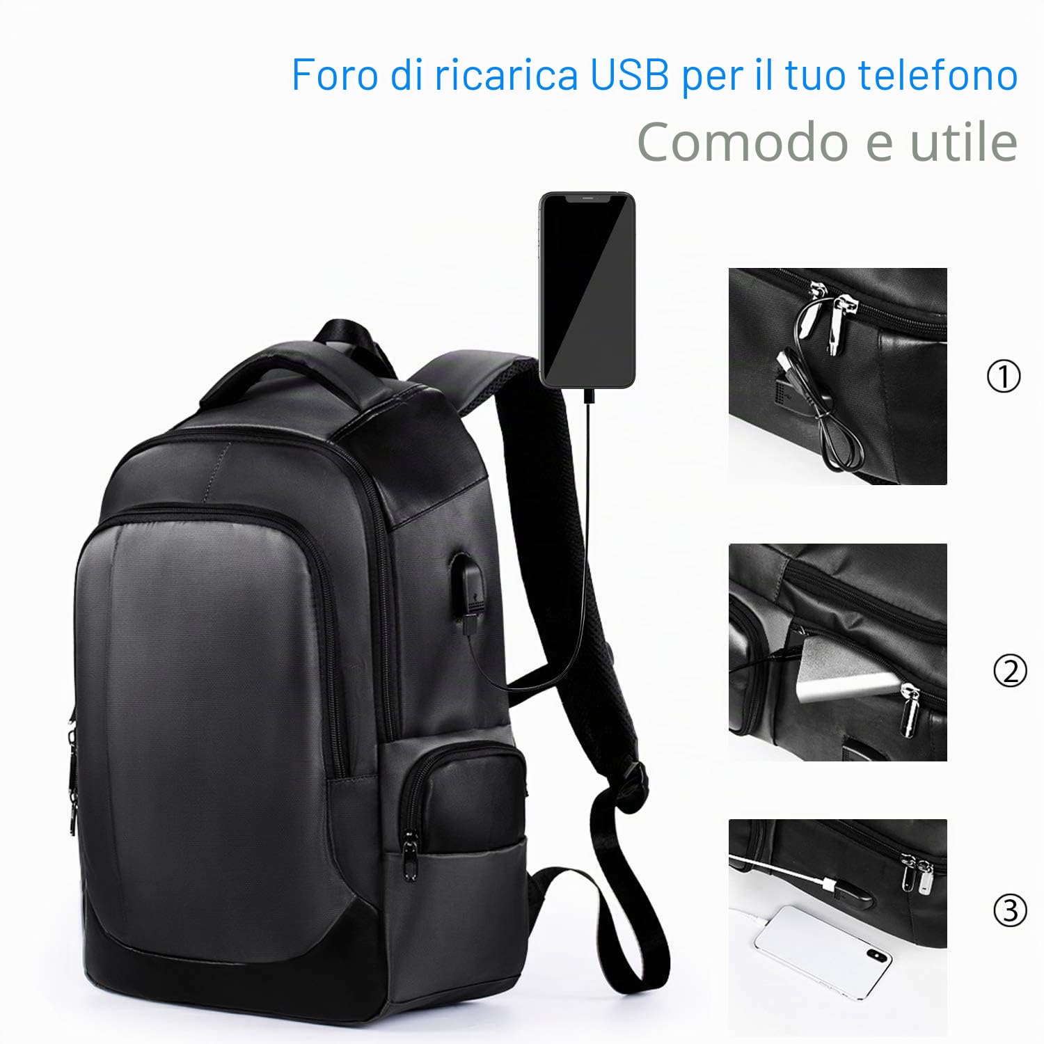 FANDARE Zaino Unisex con Porta USB - Borsa per Computer 15.6 Pollici, Universitaria da Scuola e Lavoro, Impermeabile Poliestere Nero