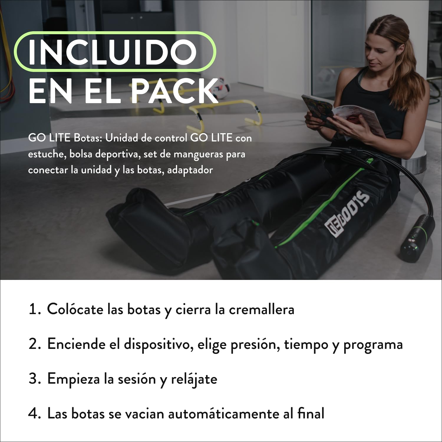 Go Lite Boots - Masajeador de Piernas | 180 mmHg | 4 Cámaras superpuestas | Para Hogar y Viaje | Recuperación de la musculatura | M
