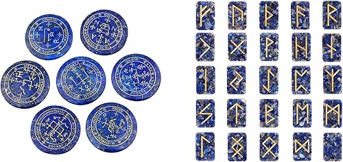 mookaitedecor Paquete - 2 Artículos 7 Piedras de Lapislázuli con Símbolo de Arcángel Mágico Grabado Piedra de Palma Pulida y Juego de 25 Piedras de