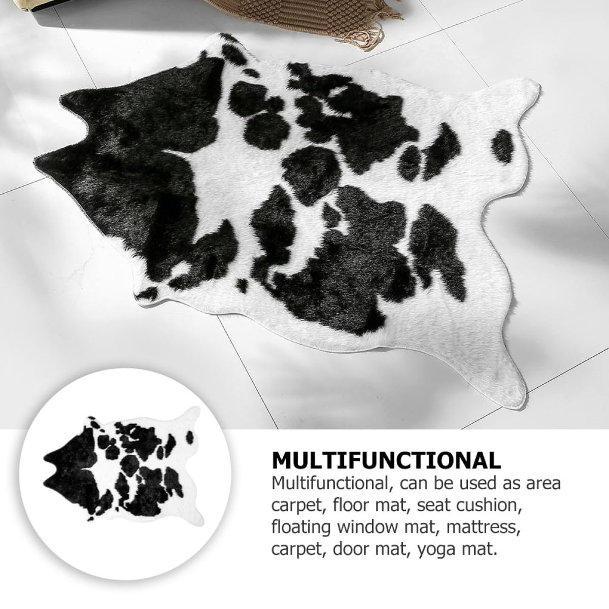 IMIKEYA Tapis de Sol Antidérapant en Polyester Imprimé Vache Noir et Blanc Tapis Imitation Peau de Vache pour Décoration Maison et Salon et Multifonctionnel